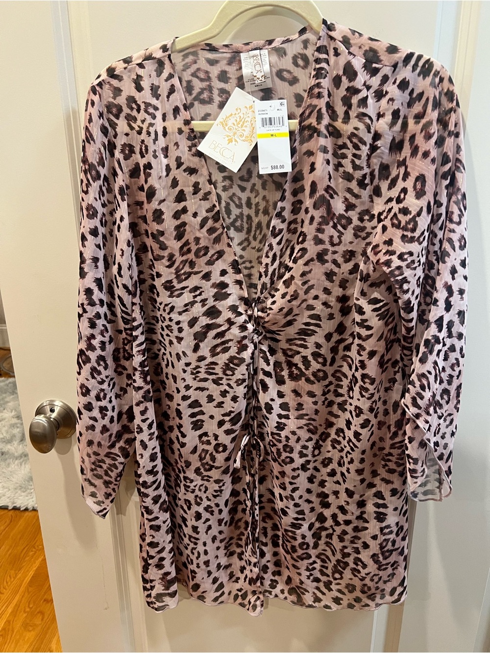 BECCA Pinkish Tan and Brown Sheer  Leopard-Print Tie-Front Tunic Top